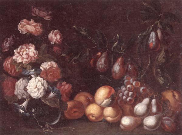 unknow artist Still life of Roses and convulvuli in a Glass vase,Together with peaches,grapes,pears and plums oil painting image